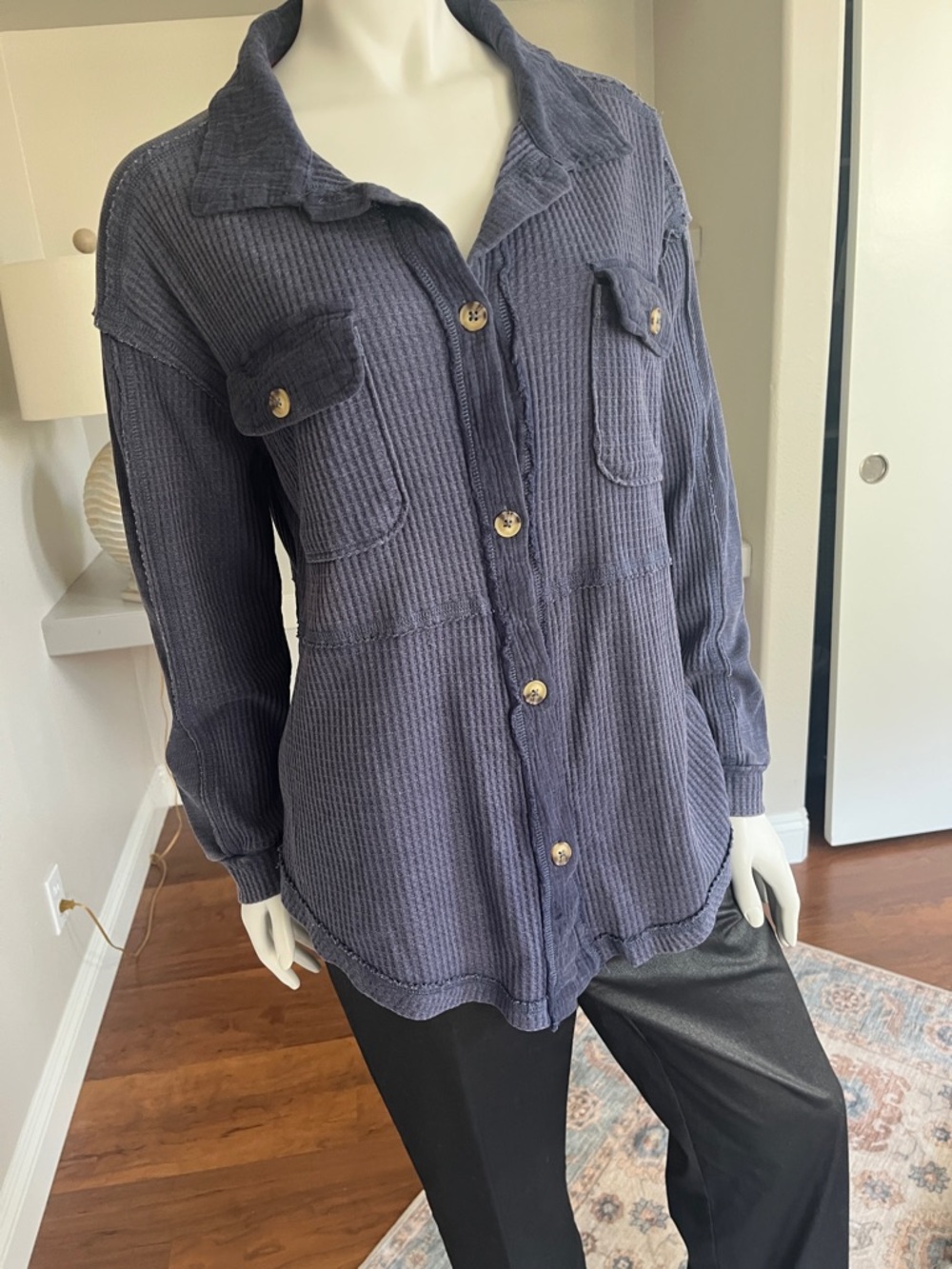 Rewind Navy Waffle-Knit Utility Shacket with Chest Pockets